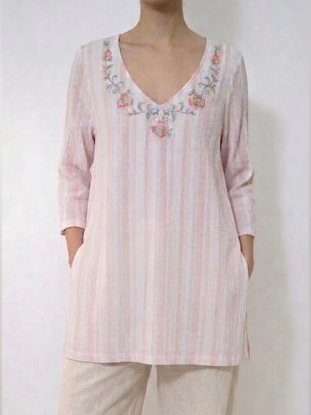 April Cornell Embroidered Floral Spring 100% Cotton Tunic Top Small Cottagecore